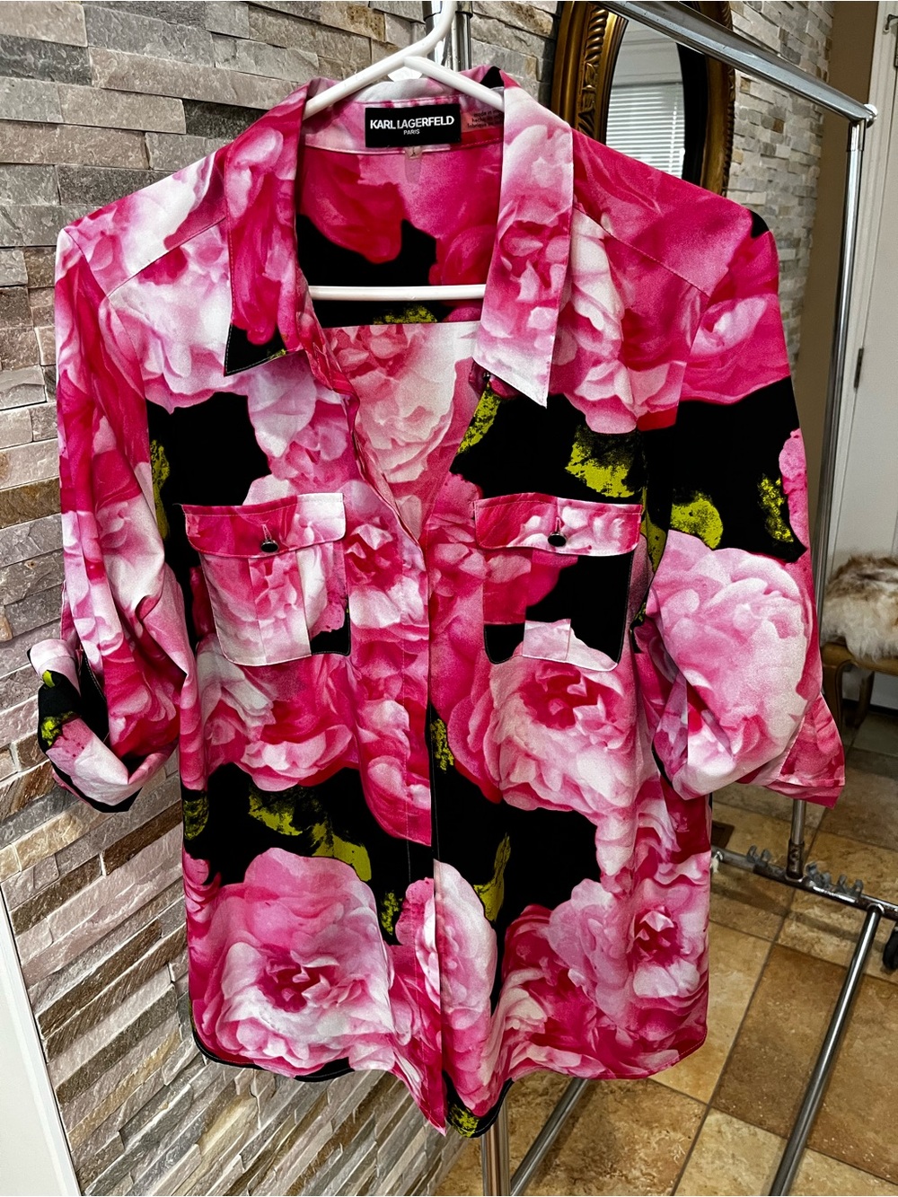 Karl Lagerfeld Pink and Black Floral Button-Down Blouse 10/12